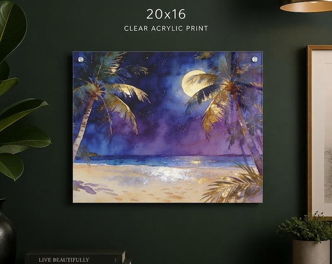 Purple Night Golden Light Acrylic Print, Coastal Beach Wall Art (20x16)