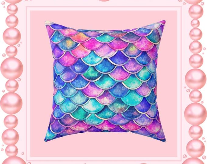 Mermaid Scale Pattern Spun Polyester Pillow | Purple Teal Pink Ocean Decor