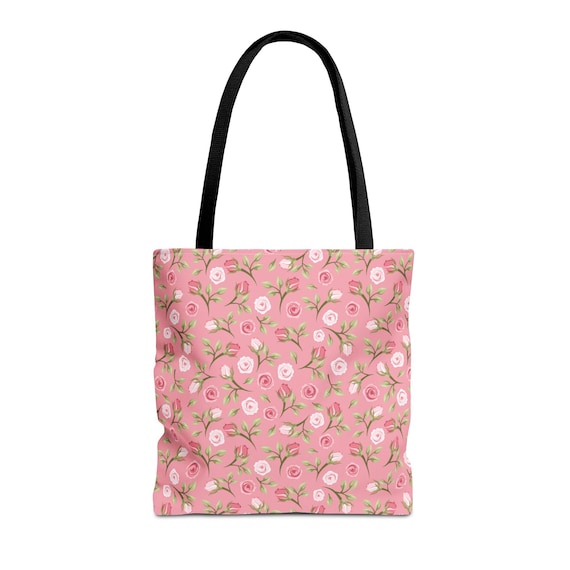 Floral Tote Bag: Pink Roses, Black Handles, Polyester Canvas (16x16)