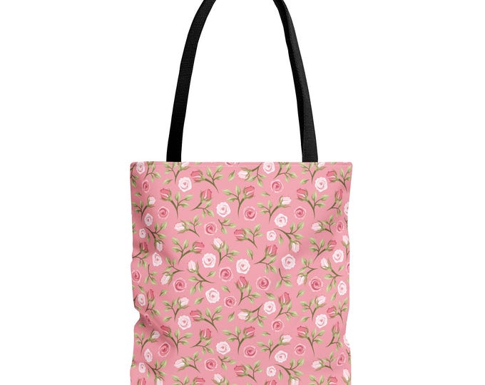 Floral Tote Bag: Pink Roses, Black Handles, Polyester Canvas (16x16)