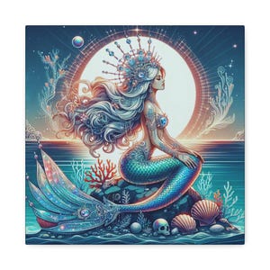 The Siren&#39;s Pose zeemeermin canvas muurkunstwerk, oceaandecor, nautische muurkunst, zeemeerminliefhebbers, fantasiehuisdecoratie, lichtgevende zeemeerminkunstwerken