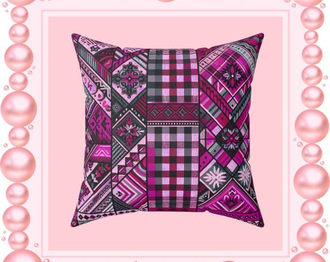 Smitten Ash Plaid Pillow: Boho Chic Spun Polyester Cushion
