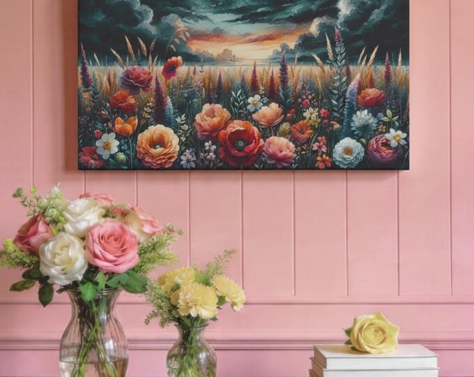 Floral Landscape Canvas Wall Art: Boho Home Decor (30x15)