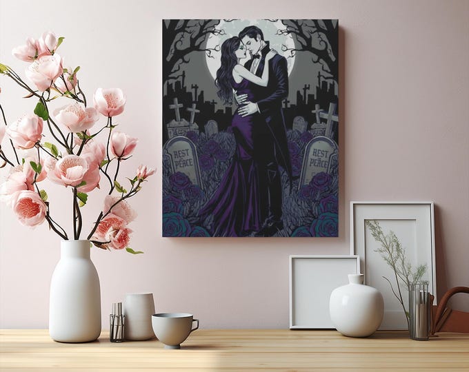Gothic Vampire Romance Canvas Art: Shadowed Embrace, Abstract Home Decor