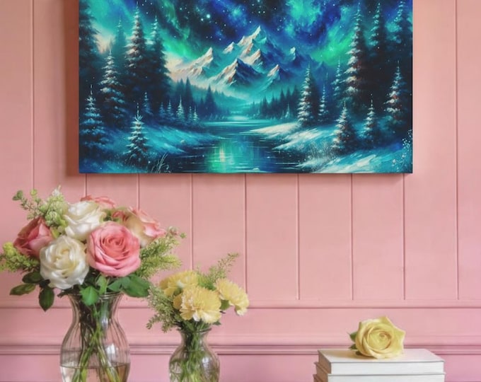 Aurora Sky Mountainscape Matte Canvas Wall Art (30x15)