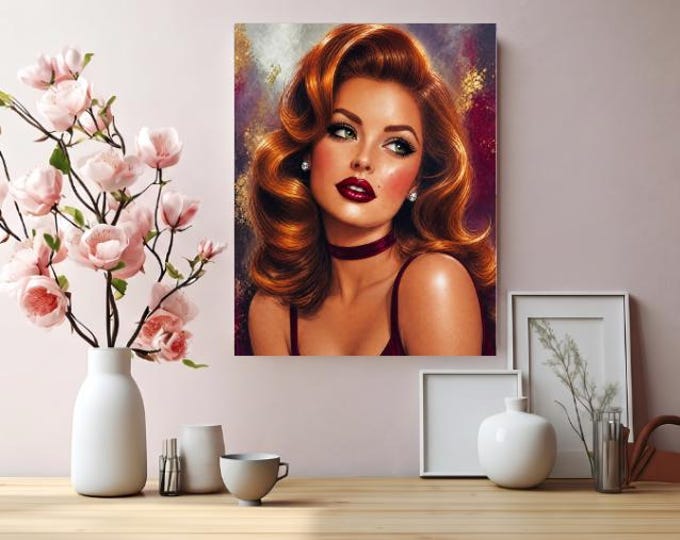 The Autumn Dahlia Matte Stretched Canvas | Vintage Pinup Portrait Inspired Home Decor