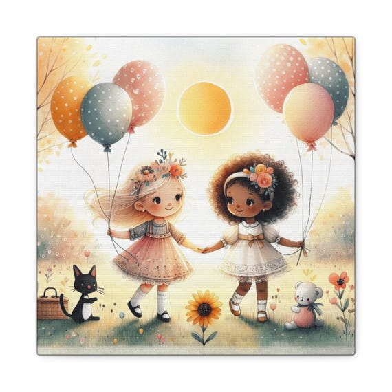 Whimsical Friendship Canvas Art: Pastel Nursery Decor, Kids Playroom Artwork (14x14)
