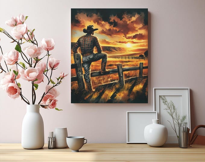 Western Cowboy Sunset Canvas Art, Country Decor, Rustic Home, Wall Art, Gift for Cowpoke