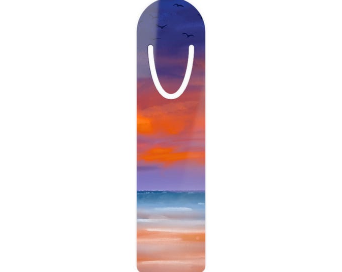 Sunset Beach Bookmark | Ocean Waves Seagulls Metal Bookmark