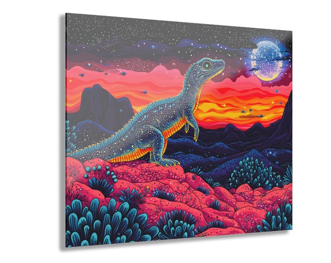 The Interstellar Dino Trek Acrylic Print | Neon Lizard Landscape French Cleat Hanging