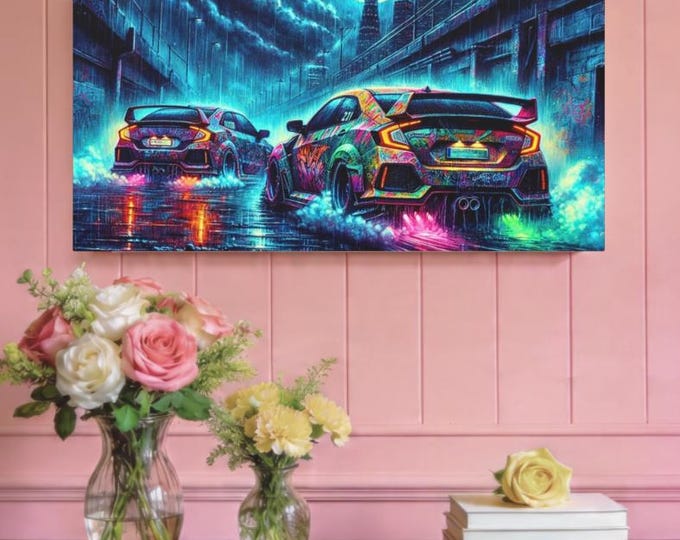 Neon Car Art Canvas: Automotive Wall Decor (30x15)
