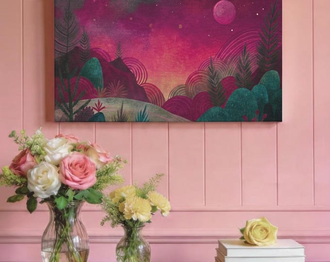 Magenta Moonlit Abstract Landscape Canvas Art