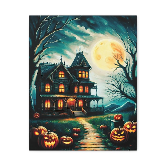 Spooky Haunted House Canvas Art: Halloween Pumpkin Decor (16x20)