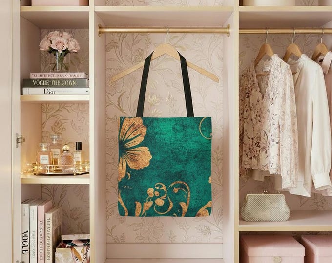 Tropical Floral Polyester Tote Bag, Teal & Gold