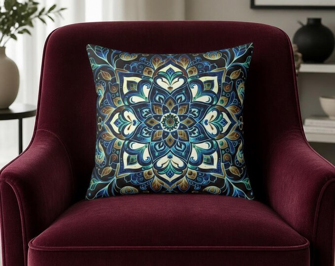 Mandala Pine Square Throw Pillow: Boho Decor Accent, 16x16