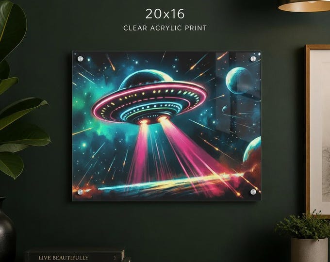 UFO Spaceship Acrylic Print | Neon Galactic Wall Accent with French Cleat Backing