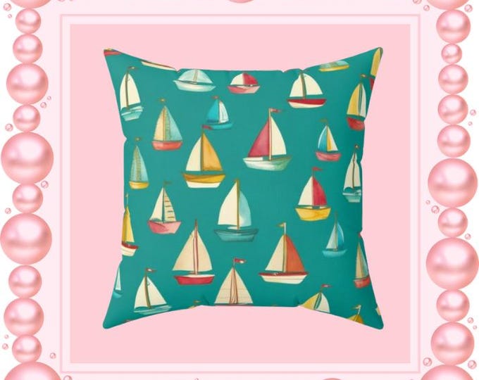 Nautical Sailboat Pillow: Coastal Living Room Decor, Beach House Cushion