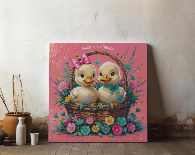 Ducklings Canvas Wall Art: Sweet Floral Basket, Kids Room Decor