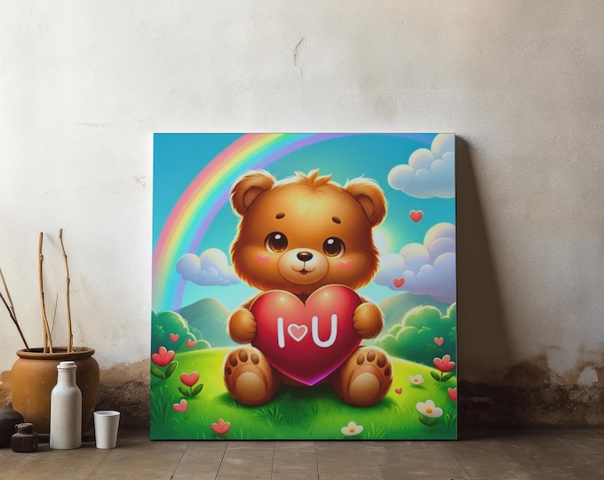 Bear Canvas Art, I Love You Heart, Kids Room Decor (14x14 Canvas Only)