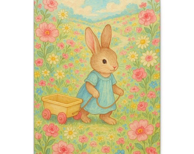 Adorable Vintage Easter Bunny in Blue Dress Matte Canvas | Sweet Seasonal Nursery Decor 16x20