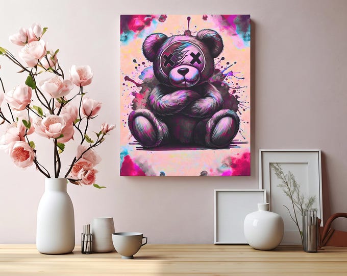 Graffiti Teddy Bear Matte Canvas | Urban Pop Art Wall Decor