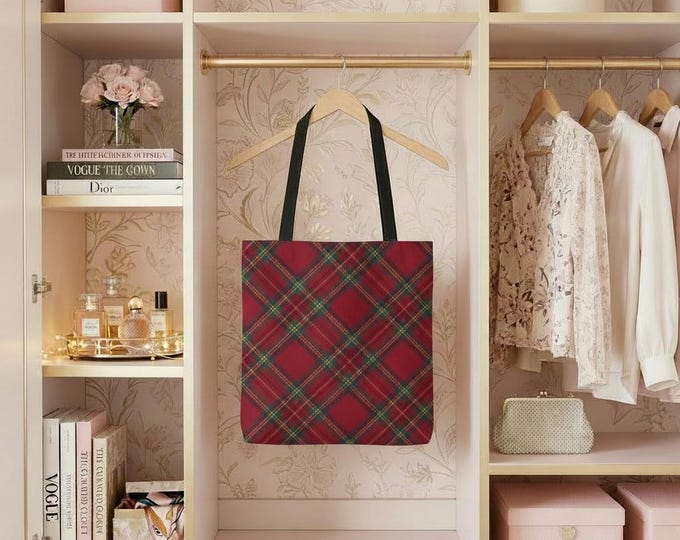 Festive Plaid Tote Bag: Holiday Carryall, Eco-Friendly Polyester