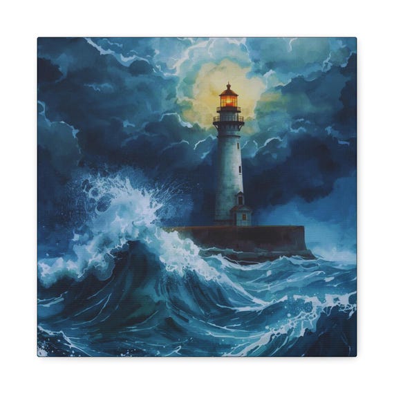 Lighthouse Canvas Wall Art: Coastal Nautical Decor (14x14)