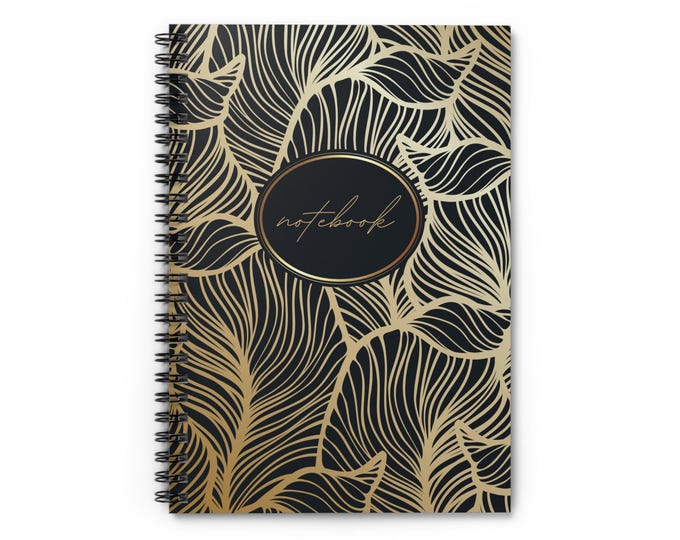 Gold Leaf Pattern Notebook spiral ruled journal | black and gold stationery