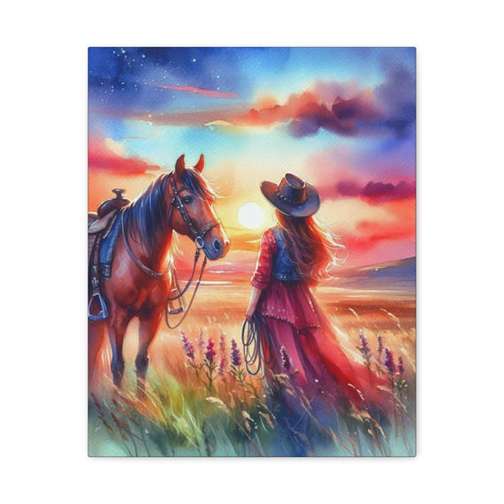 Wildflower Cowgirl & Horse Canvas Art: Western Sunset, Rustic Home Decor
