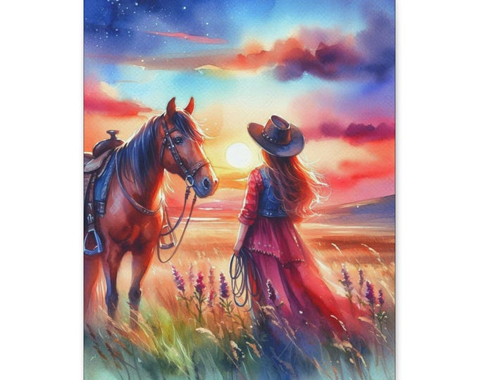 Wildflower Cowgirl & Horse Canvas Art: Western Sunset, Rustic Home Decor