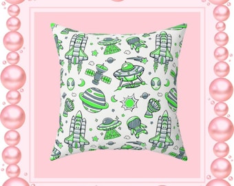 Green Alien Space Pattern Pillow | Rocket UFO Planets Square Pillow