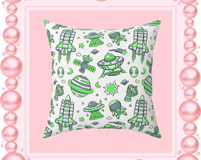 Green Alien Space Pattern Pillow | Rocket UFO Planets Square Pillow
