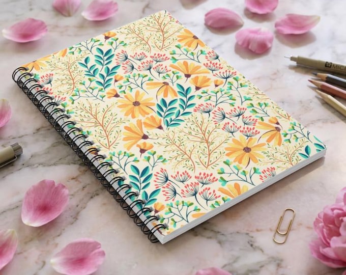 Yellow Floral Pattern Spiral Notebook | Ruled Lined Journal