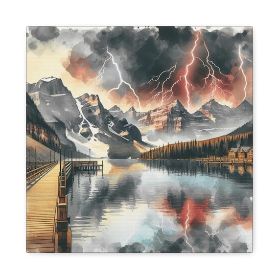 Mountain Lakeshore Canvas Wall Art: Harmonious Weather Elements, Lake House Decor (14x14 Canvas Artwork)
