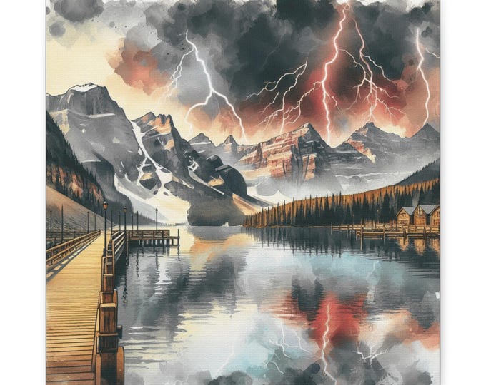 Mountain Lakeshore Canvas Wall Art: Harmonious Weather Elements, Lake House Decor (14x14 Canvas Artwork)