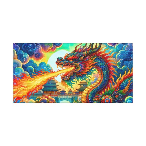 Fire Breathing Dragon Canvas Art: Asian Temple Ablaze - Modern Fantasy Decor (30x15)