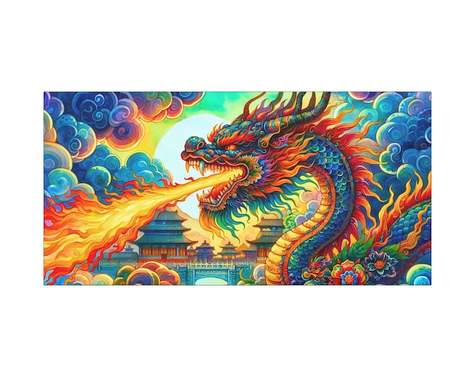 Fire Breathing Dragon Canvas Art: Asian Temple Ablaze - Modern Fantasy Decor (30x15)