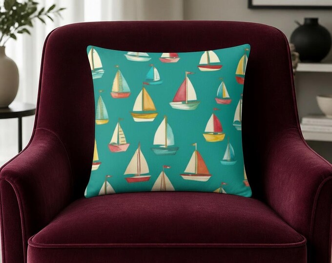 Nautical Sailboat Pillow: Coastal Living Room Decor, Beach House Cushion