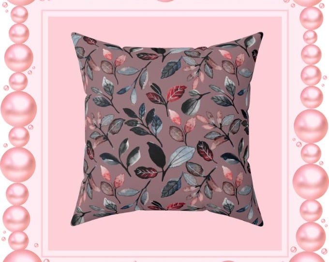 Watercolor Floral Leaves Pillow | Square Throw Pillow, Blush Mauve Botanical Decor