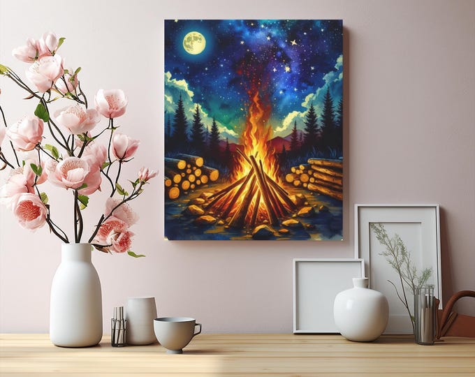 Campfire Canvas Wall Art: Midnight Forest Campground Cabin Decor