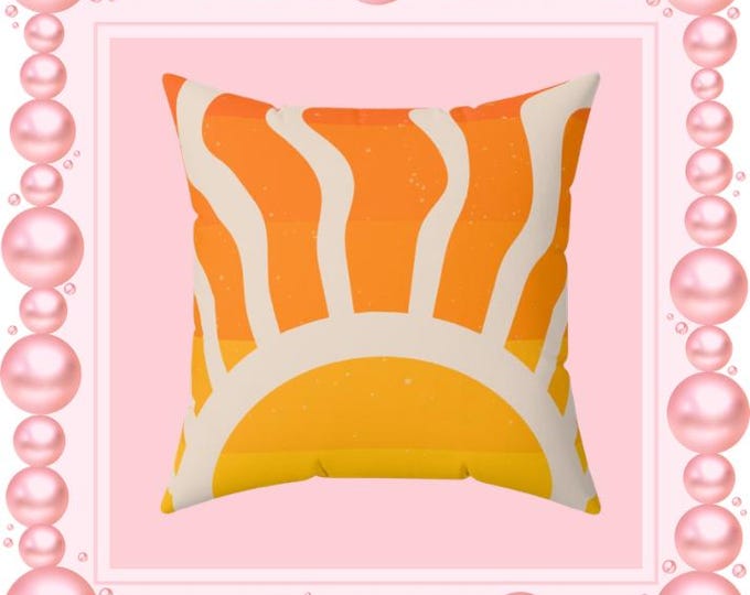 Retro Sunrise Pillow | Square Throw Pillow, Orange Yellow Sunburst Home Décor