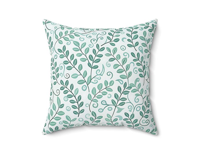 Teal Vine Pattern Pillow | Botanical Leaf Throw Pillow