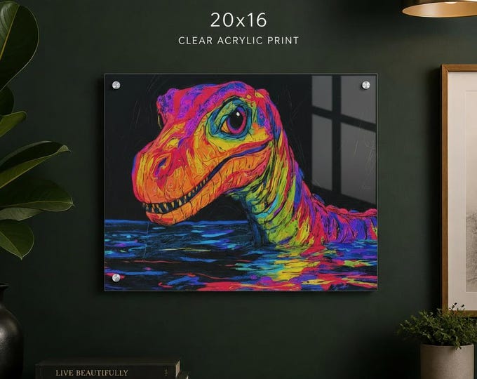 Neon Velociraptor Acrylic Print | 20x16 Dinosaur Wall Art