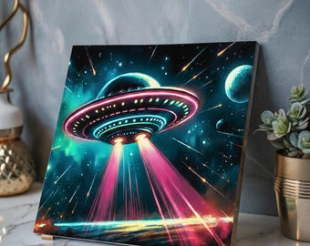 UFO Spaceship Acrylic Print | Neon Galactic Wall Accent with French Cleat Backing