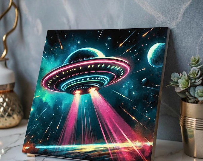 UFO Spaceship Acrylic Print | Neon Galactic Wall Accent with French Cleat Backing