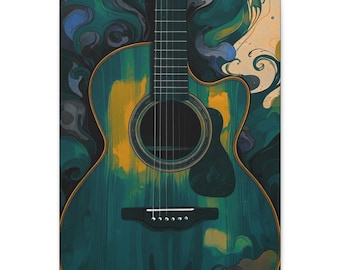 Teal Acoustic Guitar Canvas Art: Bohemian Home Decor, Music Lover Gift