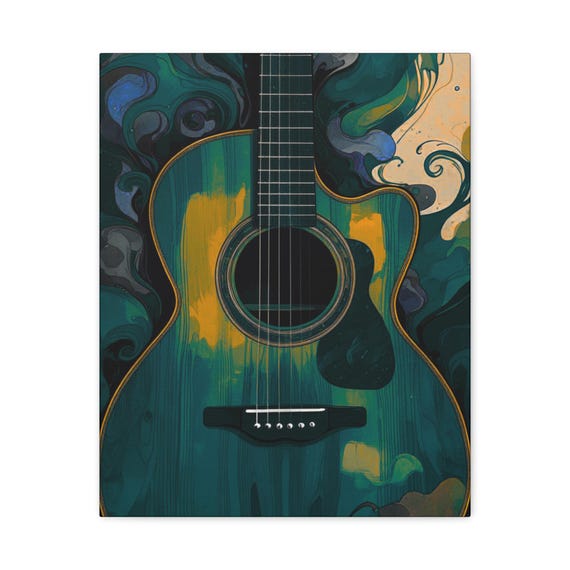 Teal Acoustic Guitar Canvas Art: Bohemian Home Decor, Music Lover Gift
