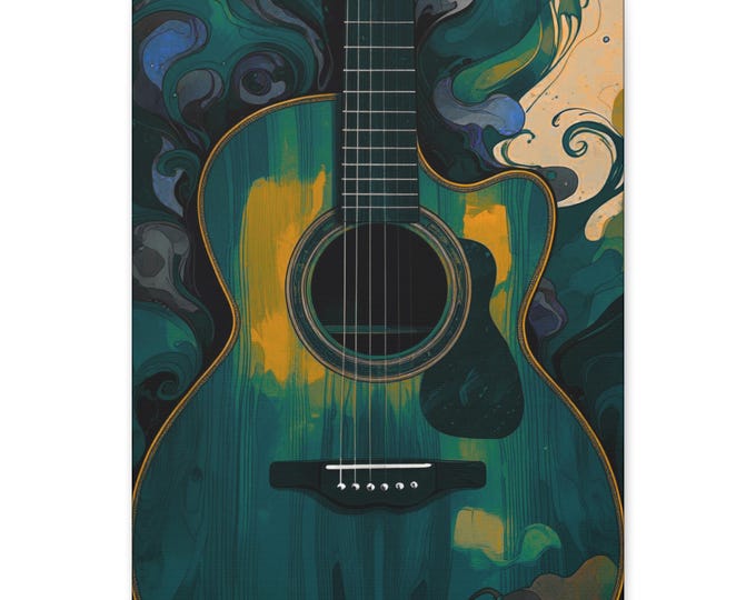Teal Acoustic Guitar Canvas Art: Bohemian Home Decor, Music Lover Gift
