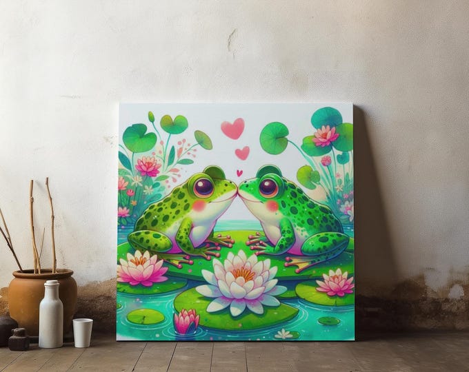 Kissing Frogs Canvas Art, Playroom Decor, Animal Print (14x14 Canvas Wall Art)