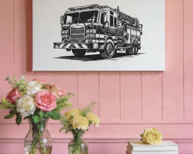 Fire Truck Canvas Wall Art: Firefighter Hero Decor (30x15 Canvas Only)